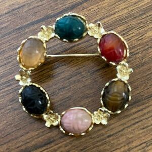 Vintage Egyptian Scarab Beetle Gold Tone Brooch Pin Multicolored